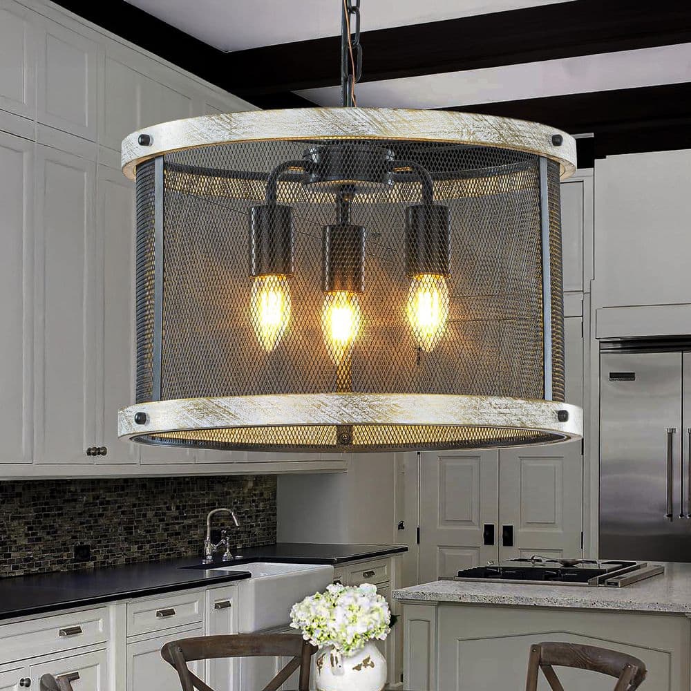 3-Light 16 in. Rustic Round Chandelier Black Mesh Iron Drum Shade and White