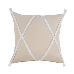 Loop Birch Beige/White Geometric Braided Tasseled Soft Poly-Fill 20 in. x 20 in. Throw Pillow