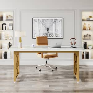 Capen 63 in. Rectangular White and Gold Engineered Wood Executive Computer Desk Conference Table with Heavy Duty Frame