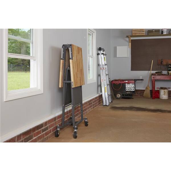 COSCO SmartFold Butcher Block Portable Workbench / Folding Utility Table (Hardwood Top, 700LB Total Weight Capacity, Locking Casters, Gray Steel Frame, 1 Pack)