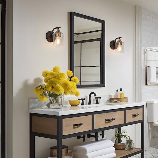 Jallie Classic 1-Light Brass Gold Seeded Glass Wall Sconce, Contemporary Cylinder Vanity Light Black Wall Light