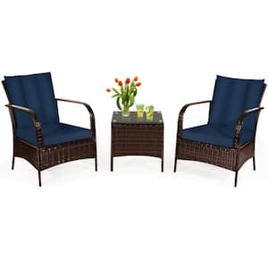 3-Piece Wicker Outdoor Patio Conversation Furniture Set Bistro Set with CushionGuard Navy Cushions