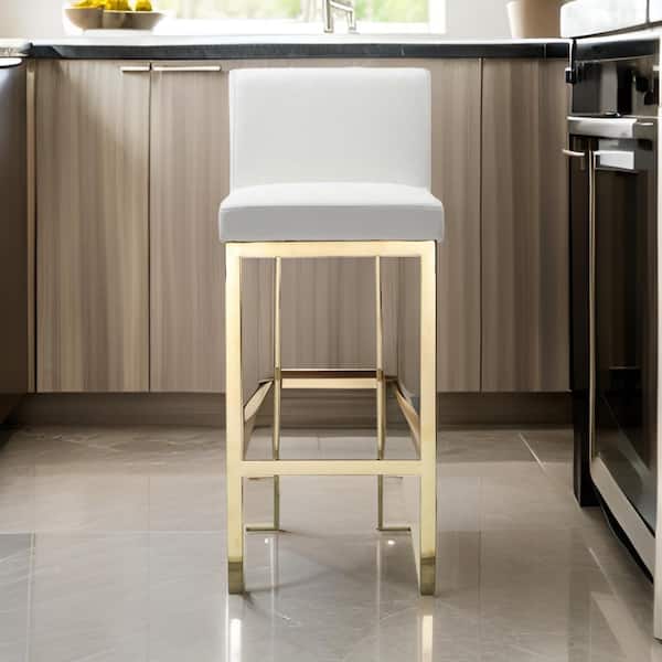 Benjara 30 in. White and Gold Low Back Metal Frame Bar Stool with Faux Leather Seat