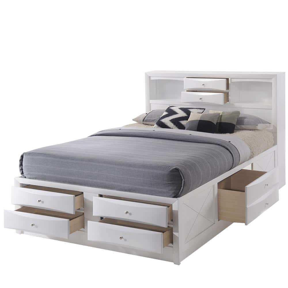Elegant Full-Size White Wood Frame Storage Bed with Bookcase Headboard