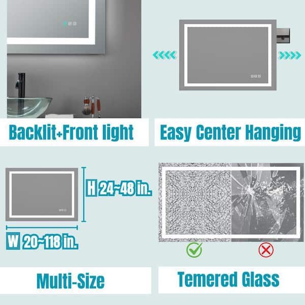 Backlit and Front Light 24 in. W x 36 in. H Rectangular Frameless Wall Bathroom Vanity Mirror