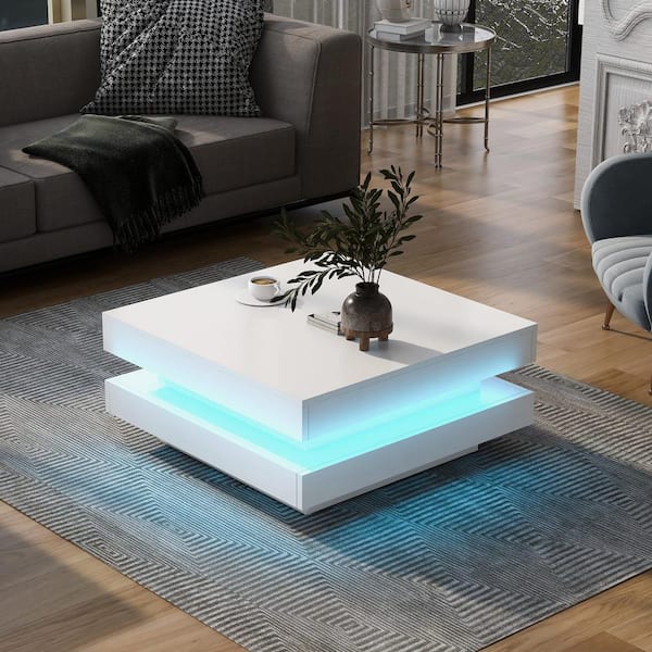 Zeus & Ruta 31.5 in. x 31.5 in. x 14.2 in. 2-Tier White Square Coffee Table High Gloss Design with LED Lights for Living Room