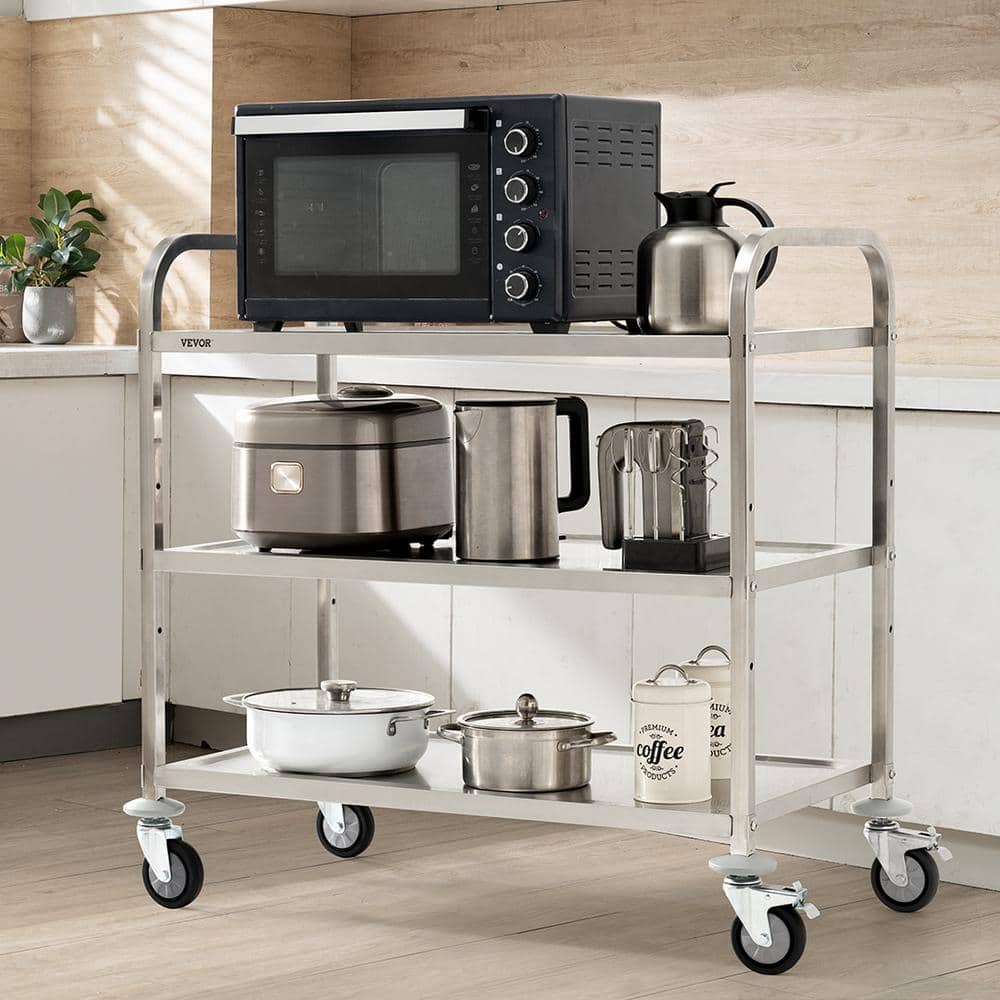 Silver 3-Tier Stainless Steel Rolling Utility Cart