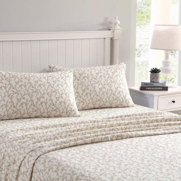 Laura Ashley Victoria 3-Piece Beige Floral Flannel Twin Sheet Set
