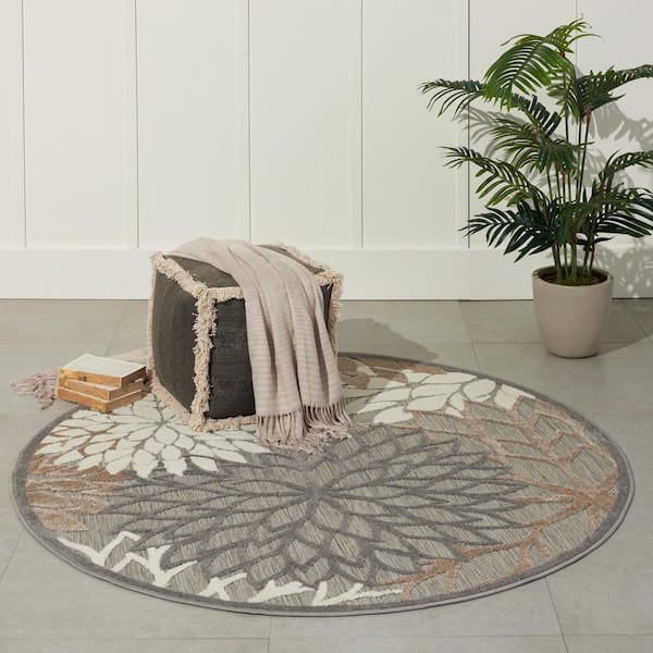 Aloha Natural 5 ft. x 5 ft. Round Floral Modern Indoor/Outdoor Patio Area Rug