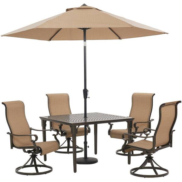 Hanover Brigantine 5 Piece Aluminum Outdoor Dining Set With 4 Swivel Rockers Square Cast Top Table 9 Ft Umbrella And Base Brigdn5pcswsq Su The Home Depot - Patio Dining Sets With Umbrella Home Depot