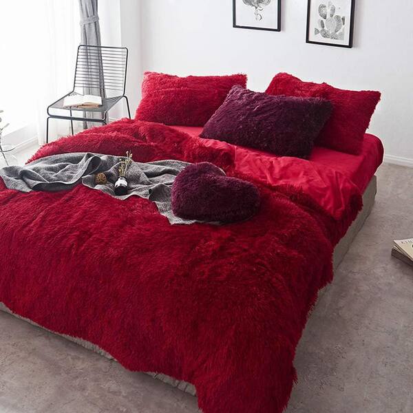 y215f☆6(ROKU) VELOUR ALL IN ONE Afoxsos 5-Piece Dark Red Polyester Shaggy Duvet Cover