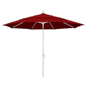 11 ft. White Aluminum Pole Market Aluminum Ribs Crank Lift Outdoor Patio Umbrella in Jockey Red Sunbrella