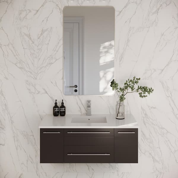 Lucera 42 in. Single Sink Wall Mount Floating Espresso Bath Vanity with White Quartz Top and Undermount Ceramic Sink