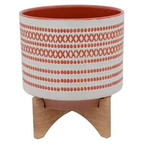 10 in. Red Ceramic Round Shaped Planter with Aztech Pattern