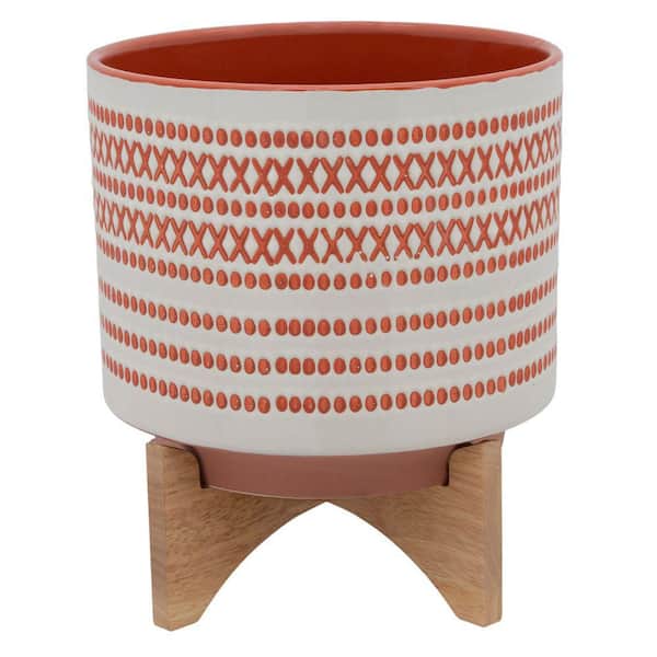 Benjara 10 in. Red Ceramic Round Shaped Planter with Aztech Pattern