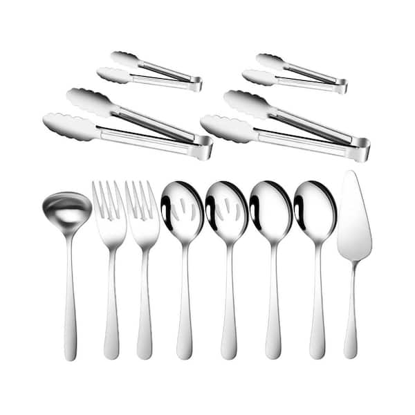 Silver 12 Piece Buffet Catering Serving Utensil Set with Spoons Forks Tongs Ladle Pie Server Dishwasher Safe
