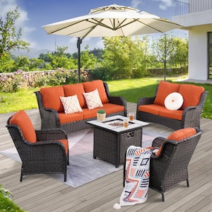 Vincent Brown 5-Piece Wicker Patio Fire Pit Outdoor Seating Sofa Set and with Orange Red Cushions
