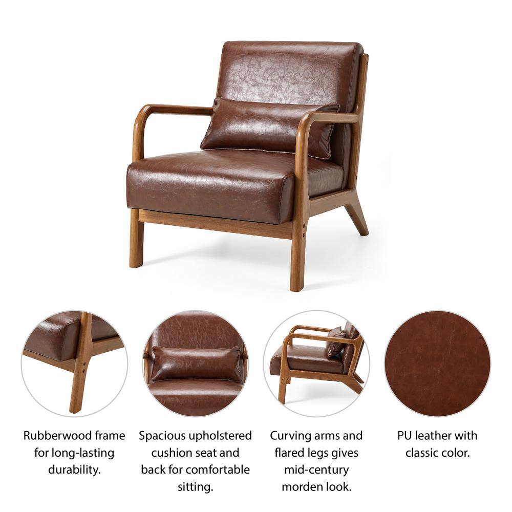 Mid-Century Modern Coffee Brown Faux Leather Accent Chair with Walnut Wood Frame
