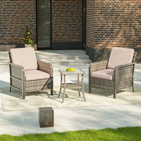 3 Pieces Outdoor Armchair Patio Conversation with Side Table Set Gray Wicker with Sand Cushion