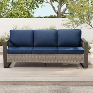 3-Seat Wicker Outdoor Patio Sofa Sectional Couch with Dark Blue Cushions