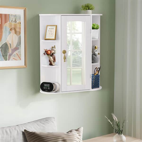VECELO 27.56 in. Wall-Mounted Medicine Cabinet with Mirror, 6 Open Shelves and Adjustable Shelf, Modern Bathroom Storage, White