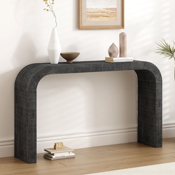Harper & Bright Designs 52 in. Black Rectangle Wood Console Table with Curved Edge, Natural Texture