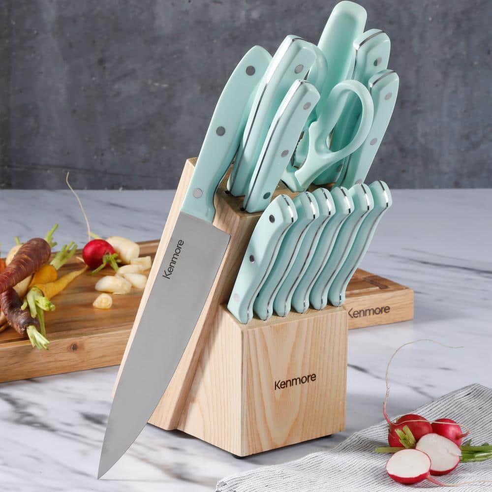 Kenmore Kane 14-Piece Glacier Blue Stainless Steel Cutlery Set with Rubber Wood Block