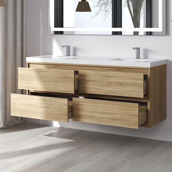 Purus 60 in. W x 20 in. D x 26 in. H Double Sink Wall Mounted Bath Vanity in Oak with White Cultured Marble Top