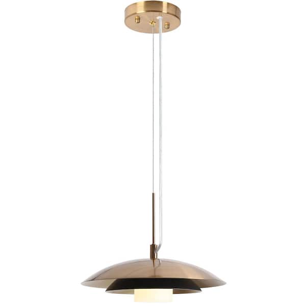 Modern 1-Light Flat Black and Plated Brass Barn Integrated LED Pendant Light with 2-Tier Metal Shade