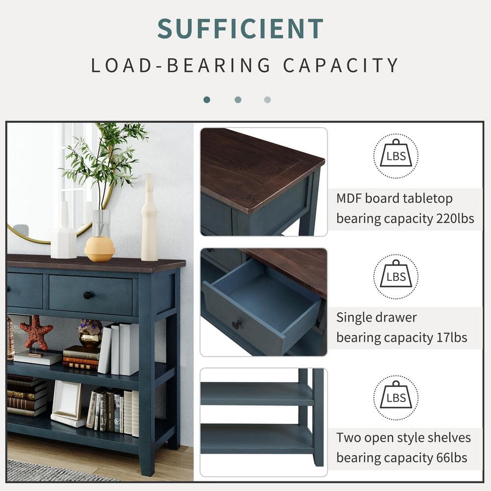 50" Navy Pine Wood Console Table with Storage Drawers and Shelves