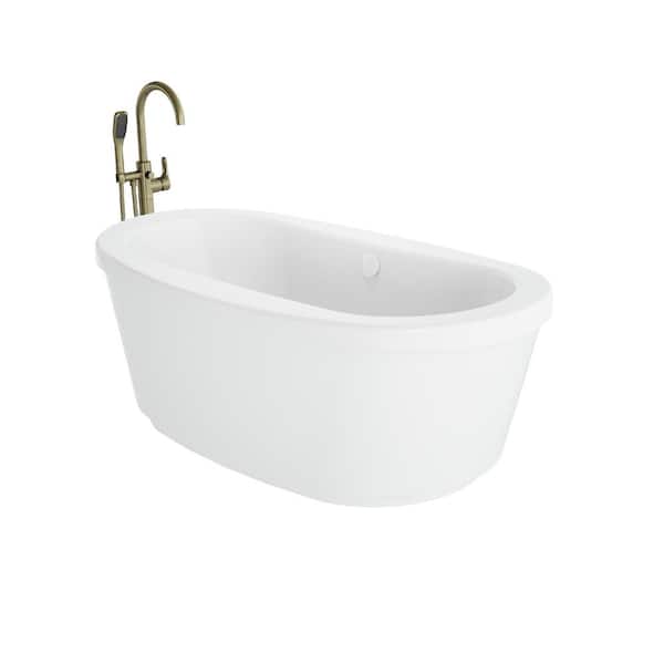 JACUZZI Inizio 65.5 in. x 35.6 in. Soaking Bathtub with Center Drain in White with NW50818 Round Tub Filler in Brushed Bronze