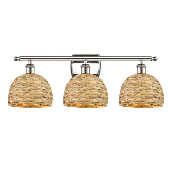 Woven Rattan 28 in. 3-Light Polished Nickel Vanity Light with Rattan Shade