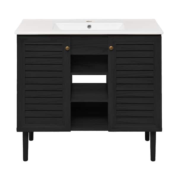 Swiss Madison Bron 36 in. Freestanding Bathroom Vanity in Black Oak with White Ceramic Sink Top