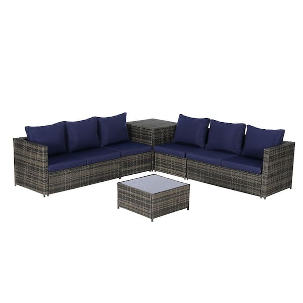 6-Piece Wicker Patio L-Shaped Sectional Tempered Glass Table and Dark Blue Cushions, Weather Resistant