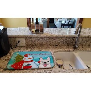14 in. x 21 in. Multicolor Snowman with French Bulldog Dish Drying Mat