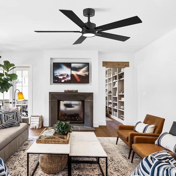52 in. Indoor Outdoor Black 6-Speed DC Motor Ceiling Fans with Dimmable LED Light and Remote Control
