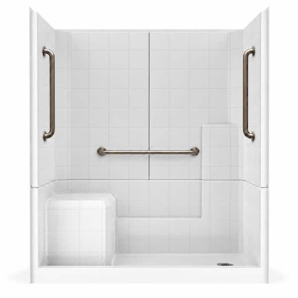 Liberty 60 in. x 33 in. x 77 in. Low Threshold 3-Piece Shower Kit in White with Left Seat, 3 Grab Bars, Right Drain