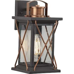 Barlowe Collection 1-Light Antique Bronze Clear Seeded Glass Farmhouse Outdoor Small Wall Lantern Light