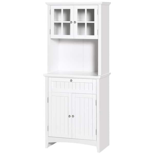 64.5 in. Wood Pantry Organizer with Hutch, Framed Glass Door Drawer and Microwave Space in White