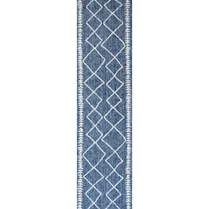 Derya Tribal Diamond Trellis Blue/Ivory 2 ft. x 10 ft. Indoor/Outdoor Area Rug