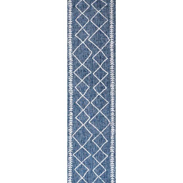 Derya Tribal Diamond Trellis Blue/Ivory 2 ft. x 10 ft. Indoor/Outdoor Area Rug