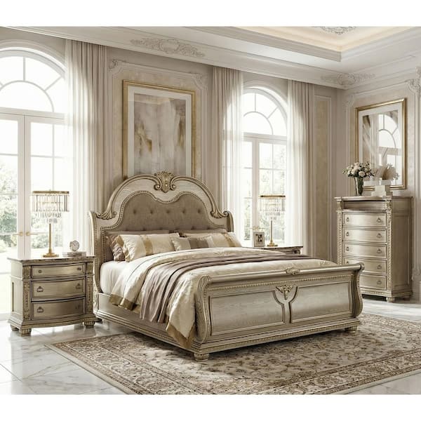 Rilon 3-Piece Gold Champagne Wood Queen Panel Bedroom Set with Nightstand and Chest