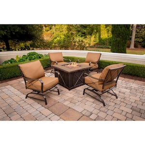 Summer Nights 5-Piece Patio Fire Pit Set with 4 Cushion Rockers and 40 in. Square Fire Pit and Desert Sunset Cushions