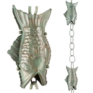 100% Blue Verde Pure Copper Fish Rain Chain, 8-1/2 ft. Long, Large Wide Mouthed Fish, Replaces Downspout