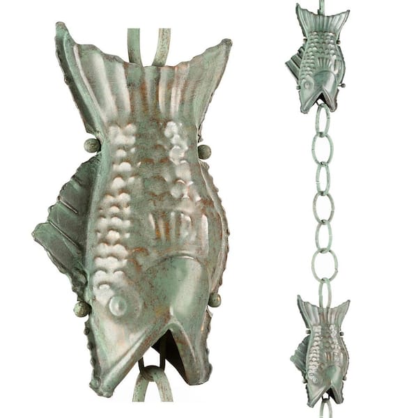 Good Directions 100% Blue Verde Pure Copper Fish Rain Chain, 8-1/2 ft. Long, Large Wide Mouthed Fish, Replaces Downspout