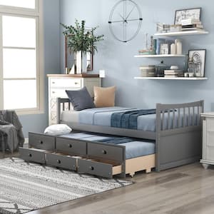 Gray Twin Size Wood Daybed with Trundle and 3-Drawers