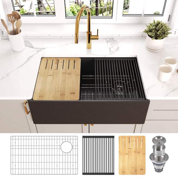 DEERVALLEY Dark Brown 30 in. Farmhouse Apron Front Single Bowl Concrete Workstation Kitchen Sink with Accessories