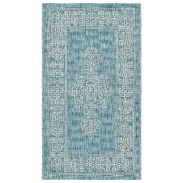 Courtyard Aqua/Gray 2 ft. x 4 ft. Border Medallion Indoor/Outdoor Area Rug