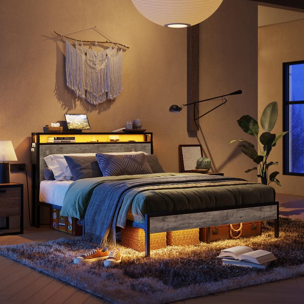 Bestier Queen Size Metal Frame Bed with LED Headboard and Storage
