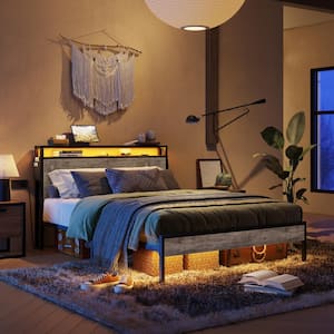 Grey Metal Frame Queen Size Platform Bed with Charge Station and Storage Headboard, LED Lights